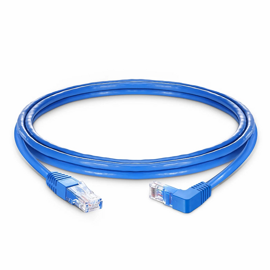 FyberOptix 5ft (1.5m) 90 Degree Cat6 26AWG Snagless Unshielded (U/UTP) PVC CM Ethernet Network Patch Cable, RJ45 Right Angle Down Male to RJ45 Male, Blue
