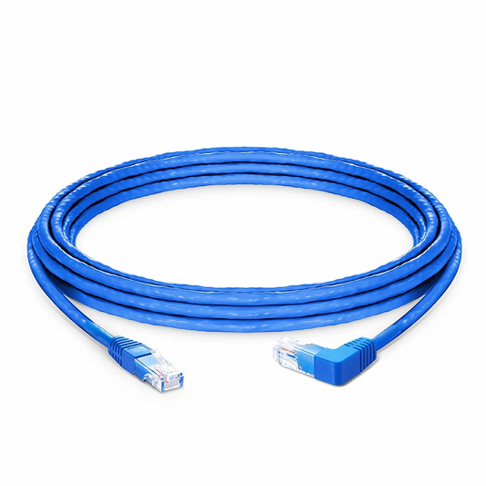 FyberOptix 15ft (4.6m) 90 Degree Cat6 26AWG Snagless Unshielded (U/UTP) PVC CM Ethernet Network Patch Cable, RJ45 Right Angle UP Male to RJ45 Male, Blue
