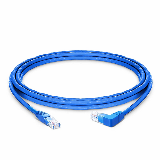FyberOptix 10ft (3m) 90 Degree Cat6 26AWG Snagless Unshielded (U/UTP) PVC CM Ethernet Network Patch Cable, RJ45 Right Angle UP Male to RJ45 Male, Blue