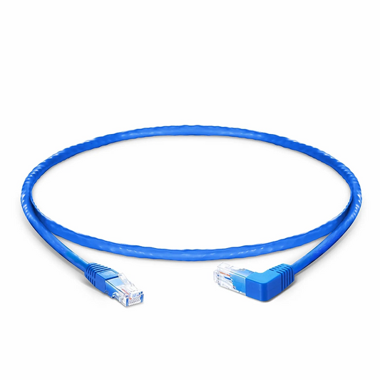 FyberOptix 1ft (0.3m) 90 Degree Cat6 26AWG Snagless Unshielded (U/UTP) PVC CM Ethernet Network Patch Cable, RJ45 Right Angle UP Male to RJ45 Male, Blue