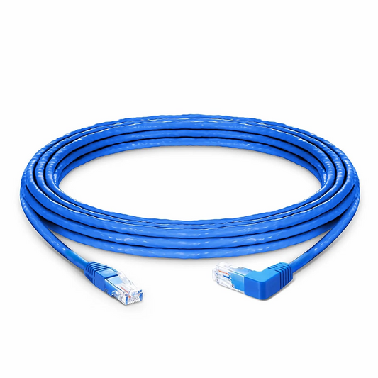 FyberOptix 25ft (7.6m) 90 Degree Cat6 26AWG Snagless Unshielded (U/UTP) PVC CM Ethernet Network Patch Cable, RJ45 Right Angle UP Male to RJ45 Male, Blue