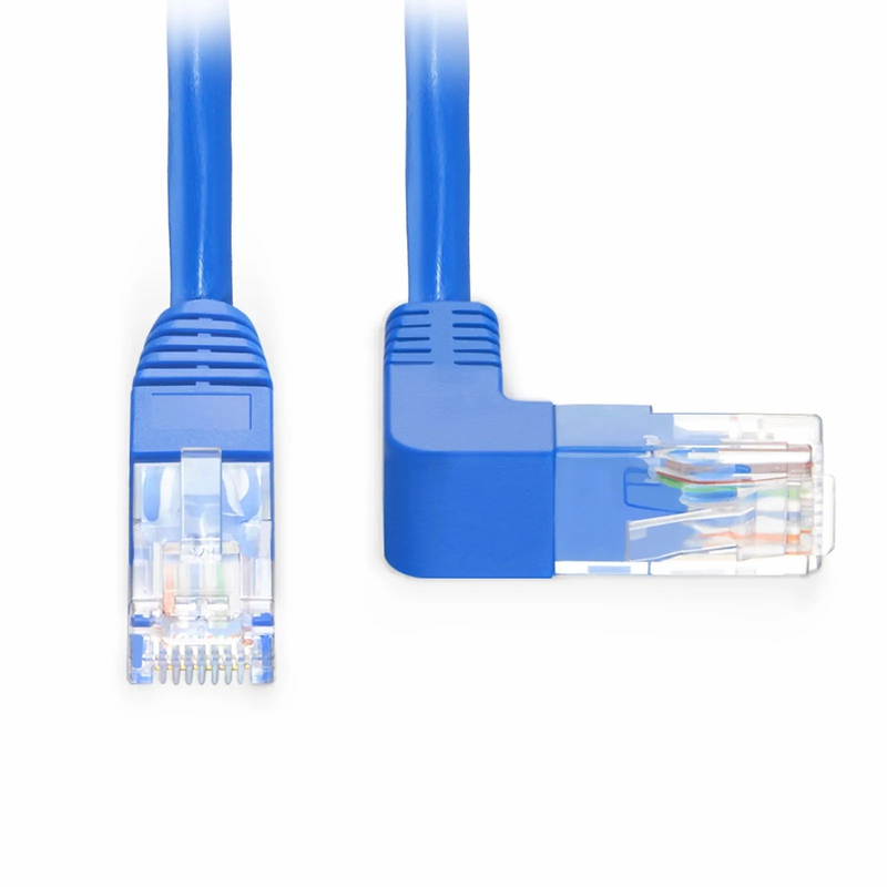 FyberOptix 25ft (7.6m) 90 Degree Cat6 26AWG Snagless Unshielded (U/UTP) PVC CM Ethernet Network Patch Cable, RJ45 Right Angle UP Male to RJ45 Male, Blue