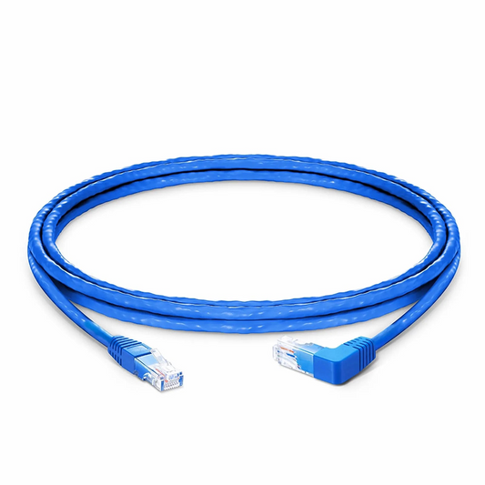 FyberOptix 5ft (1.5m) 90 Degree Cat6 26AWG Snagless Unshielded (U/UTP) PVC CM Ethernet Network Patch Cable, RJ45 Right Angle UP Male to RJ45 Male, Blue