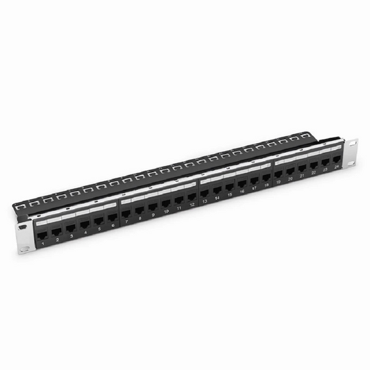 FyberOptix Cat5e Coupler Patch Panel, 24-Port, 1RU, Cable Management Bar Included
