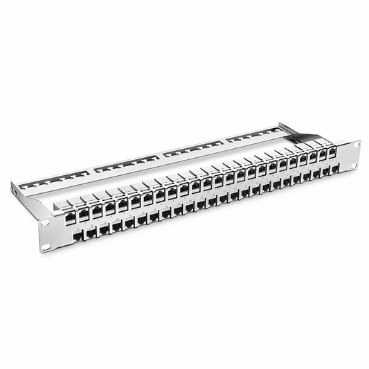 FyberOptix FDMP Cat6a Shielded Coupler Flat Patch Panel, 48-Port, 1RU, Cable Management Bar Included