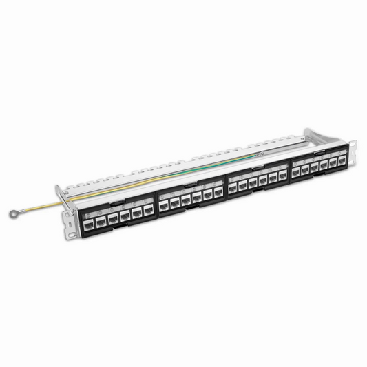 FyberOptix FDMP Cat6a Shielded Coupler Recessed Patch Panel, 24-Port, 1RU, Cable Management Bar Included