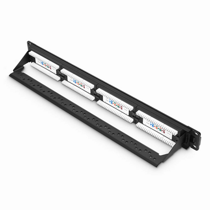 FyberOptix Cat5e 110-Style Patch Panel, 24-Port, 1RU, Cable Management Bar Included