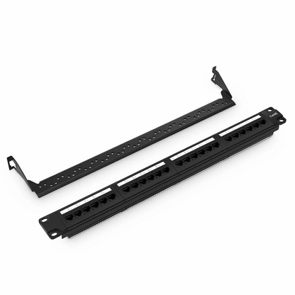 FyberOptix Cat5e 110-Style Patch Panel, 24-Port, 1RU, Cable Management Bar Included
