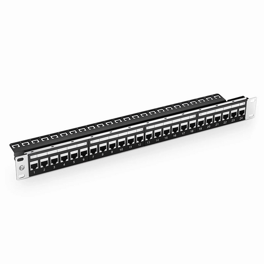 FyberOptix Cat5e Coupler Patch Panel, 24-Port, 1RU, Cable Management Bar Included