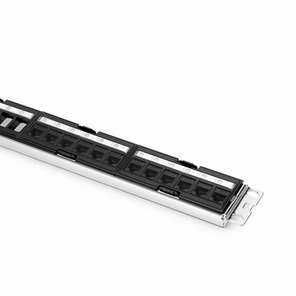 FyberOptix FDMP Cat6 Unshielded Coupler Recessed Patch Panel, 24-Port, 1RU, Cable Management Bar Included