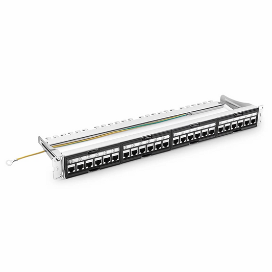 FyberOptix FDMP Cat6 Shielded Coupler Recessed Patch Panel, 24-Port, 1RU, Cable Management Bar Included