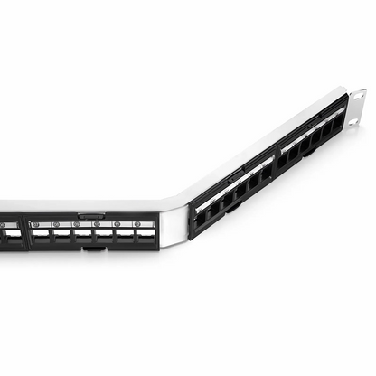 FyberOptix FDMP Blank Shielded/UnShielded Angled Recessed Patch Panel for Keystone Modules, 24-Port, 1RU, Cable Management Bar Included, Black