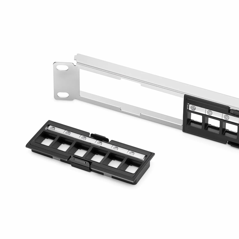 FyberOptix FDMP Blank Shielded/UnShielded Angled Recessed Patch Panel for Keystone Modules, 24-Port, 1RU, Cable Management Bar Included, Black