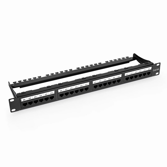 FyberOptix Cat6a 110-Style Unshielded Patch Panel, 24-Port, 1RU, Cable Management Bar Included