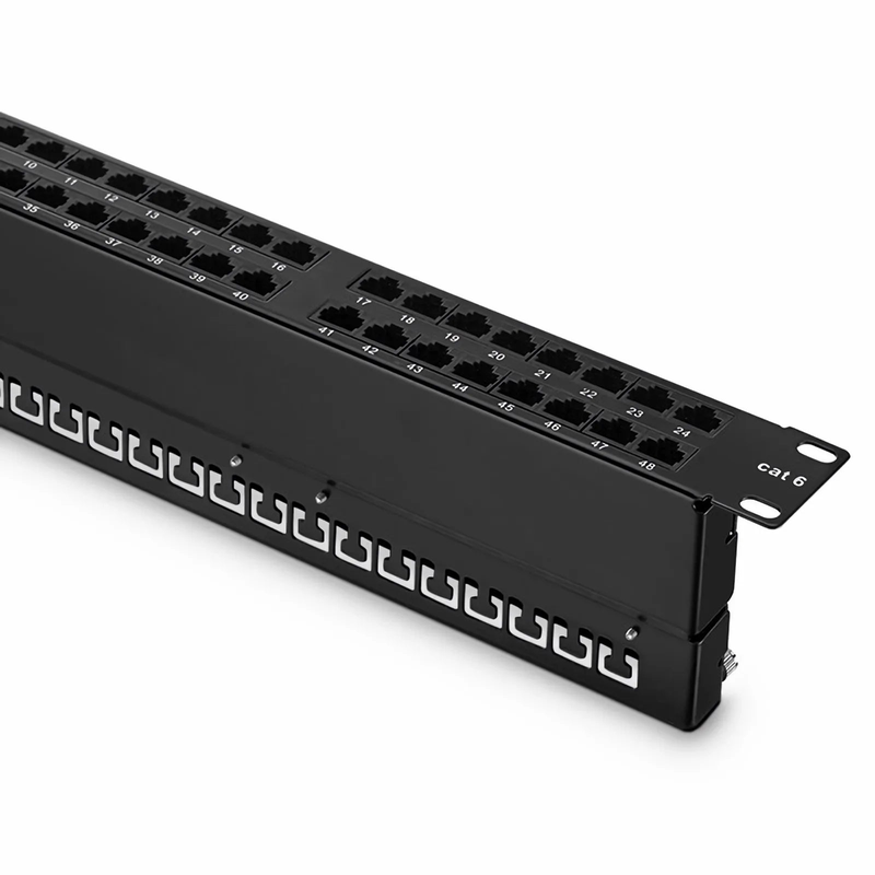 FyberOptix Cat6 110-Style Patch Panel, 48-Port, 1RU, Cable Management Bar Included