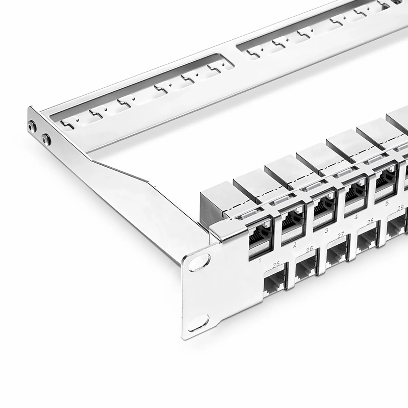 FyberOptix FDMP Cat6a Shielded Coupler Flat Patch Panel, 48-Port, 1RU, Cable Management Bar Included