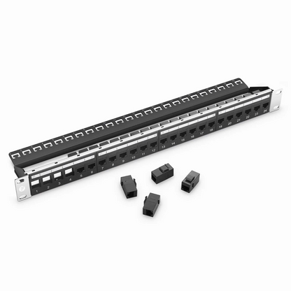 FyberOptix Cat5e Coupler Patch Panel, 24-Port, 1RU, Cable Management Bar Included