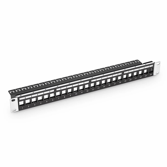 FyberOptix Blank Shielded/UnShielded Patch Panel for Keystone Modules, 24-Port, 1RU, Cable Management Bar Included, Black