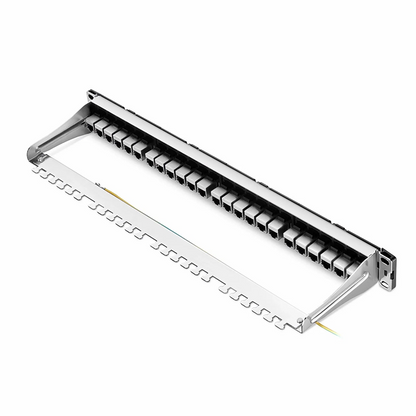 FyberOptix FDMP Cat6 Shielded Coupler Recessed Patch Panel, 24-Port, 1RU, Cable Management Bar Included