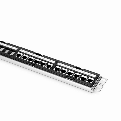 FyberOptix FDMP Cat6 Shielded Coupler Recessed Patch Panel, 24-Port, 1RU, Cable Management Bar Included