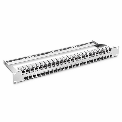 FyberOptix FDMP Cat6a Shielded Coupler Flat Patch Panel, 48-Port, 1RU, Cable Management Bar Included