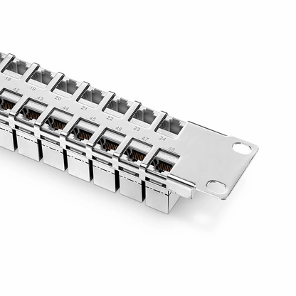 FyberOptix FDMP Cat6a Shielded Coupler Flat Patch Panel, 48-Port, 1RU, Cable Management Bar Included
