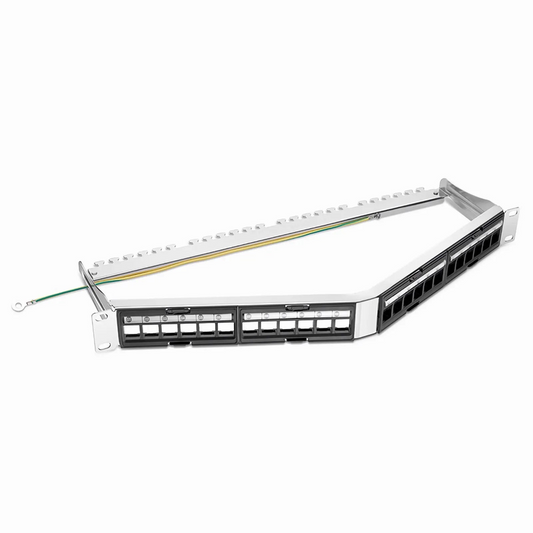 FyberOptix FDMP Blank Shielded/UnShielded Angled Recessed Patch Panel for Keystone Modules, 24-Port, 1RU, Cable Management Bar Included, Black