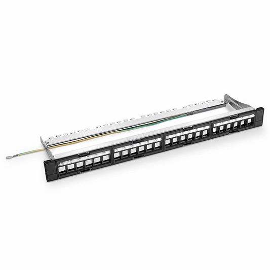 FyberOptix FDMP Blank Shielded/UnShielded Recessed Patch Panel for Keystone Modules, 24-Port, 1RU, Cable Management Bar Included, Black