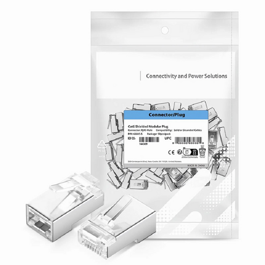 FyberOptix Cat6 RJ45 Pass Through Modular Plugs, Shielded Network Connectors for 24AWG Twisted Pair Solid or Stranded Cable (50/Pack)