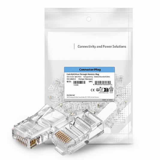 FyberOptix Cat5e RJ45 Pass Through Modular Plugs, Unshielded Network Connectors for 24AWG Twisted Pair Solid or Stranded Cable (50/Pack)