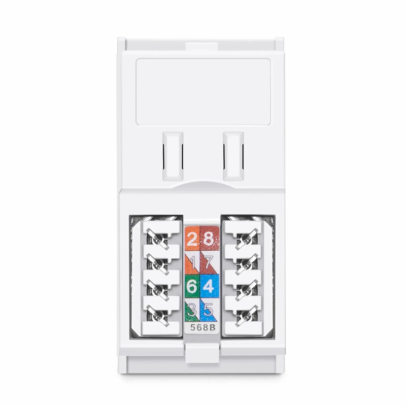 FyberOptix British-Style Cat6 Shuttered Faceplate Frame Insert, Label Pockets, Flat, 1 Port, White, 1.97'' x 0.98''