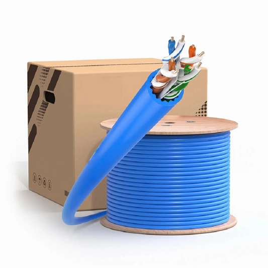 FyberOptix Cat6a Ethernet Bulk Cable, 1000ft (305m), 23AWG Solid Pure Bare Copper Wire, 750MHz, Unshielded (UTP), PVC CMR, with Reel (Blue)