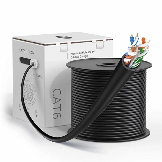 FyberOptix Cat6 Ethernet Bulk Cable, 1000ft (305m), UL Listed, 23AWG Solid Pure Bare Copper Wire, 550MHz, Unshielded (UTP), PVC CMR, with Reel (Black)