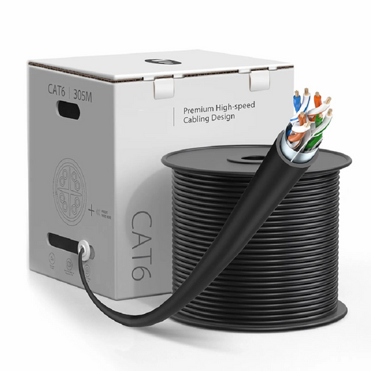 FyberOptix Cat6 Ethernet Bulk Cable, 1000ft (305m), UL Listed, 26AWG Stranded Pure Bare Copper Wire, 550MHz, Shielded (F/UTP), PVC CM, with Reel (Black)
