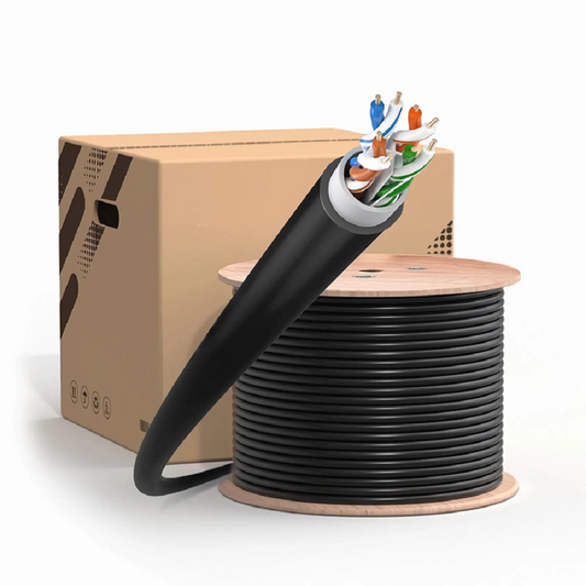 FyberOptix Cat6 Outdoor Direct Burial Cable, 1000ft (305m), 23AWG Solid Pure Bare Copper, 550MHz, Shielded (F/UTP), UV Rated PVC and LDPE Double Jackets, with Reel, Black