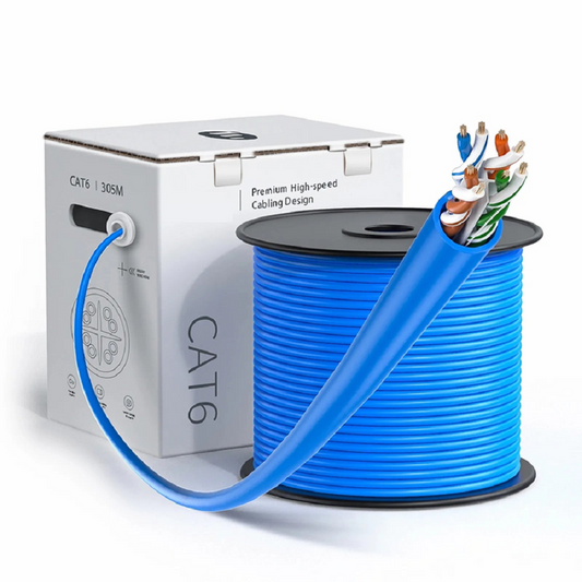FyberOptix Cat6 Ethernet Bulk Cable, 1000ft (305m), 23AWG Solid Pure Bare Copper Wire, 550MHz, Shielded (SF/UTP), PVC CMR, with Reel (Blue)