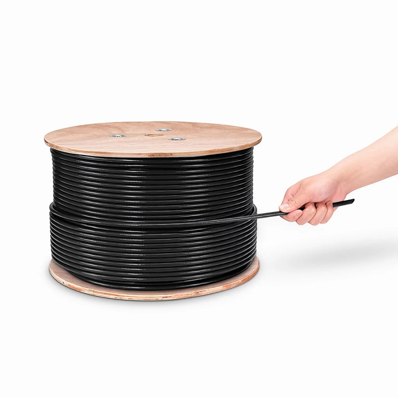 FyberOptix Cat6 Outdoor Direct Burial Cable, 1000ft (305m), 23AWG Solid Pure Bare Copper, 550MHz, Shielded (F/UTP), UV Rated PVC and LDPE Double Jackets, with Reel, Black