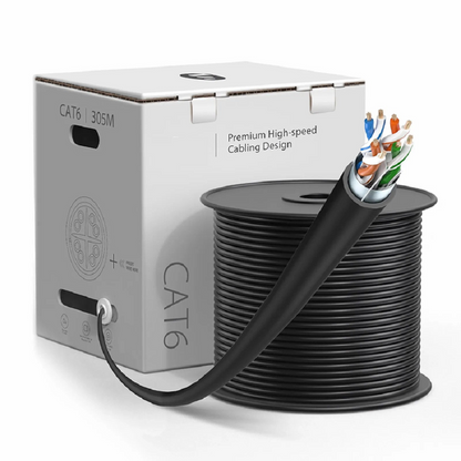 FyberOptix Cat6 Ethernet Bulk Cable, 1000ft (305m), UL Listed, 26AWG Stranded Pure Bare Copper Wire, 550MHz, Shielded (F/UTP), PVC CM, with Reel (Black)