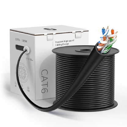 FyberOptix Cat6 Ethernet Bulk Cable, 1000ft (305m), UL Listed, 23AWG Solid Pure Bare Copper Wire, 550MHz, Unshielded (UTP), PVC CMR, with Reel (Black)