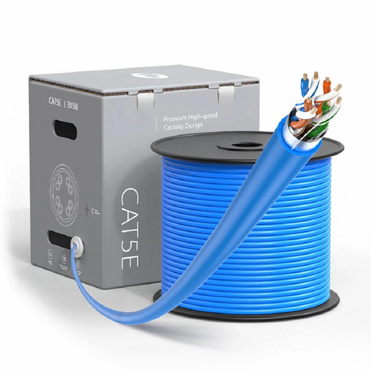 FyberOptix Cat5e Ethernet Bulk Cable, 1000ft (305m), UL Listed, 26AWG Stranded Pure Bare Copper Wire, 350MHz, Shielded (F/UTP), PVC CM, with Reel (Blue)