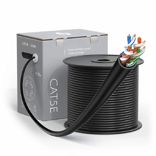 FyberOptix Cat5e Ethernet Bulk Cable, 1000ft (305m), UL Listed, 24AWG Stranded Pure Bare Copper Wire, 350MHz, Unshielded (UTP), PVC CM, with Reel (Black)