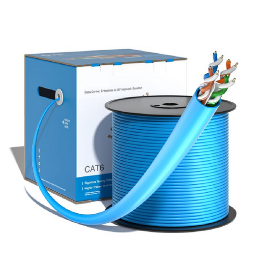 FyberOptix Cat6 Ethernet Bulk Cable, 1000ft (305m), 23AWG Solid Pure Bare Copper Wire, 550MHz, Unshielded (UTP), PVC CMP, with Reel (Blue)