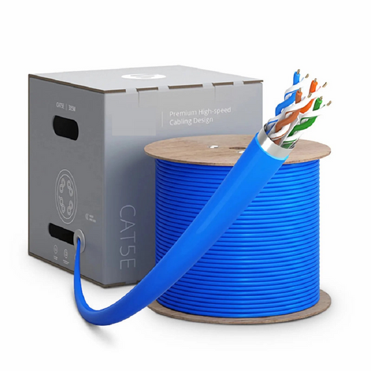 FyberOptix Cat5e Ethernet Bulk Cable, 1000ft (305m), 24AWG Solid Pure Bare Copper Wire, 350MHz, Shielded (F/UTP), PVC CMR, with Reel (Blue)