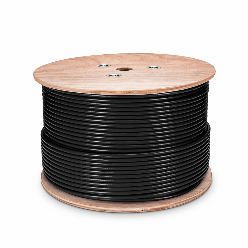 FyberOptix Cat6 Outdoor Direct Burial Cable, 1000ft (305m), 23AWG Solid Pure Bare Copper, 550MHz, Shielded (F/UTP), UV Rated PVC and LDPE Double Jackets, with Reel, Black