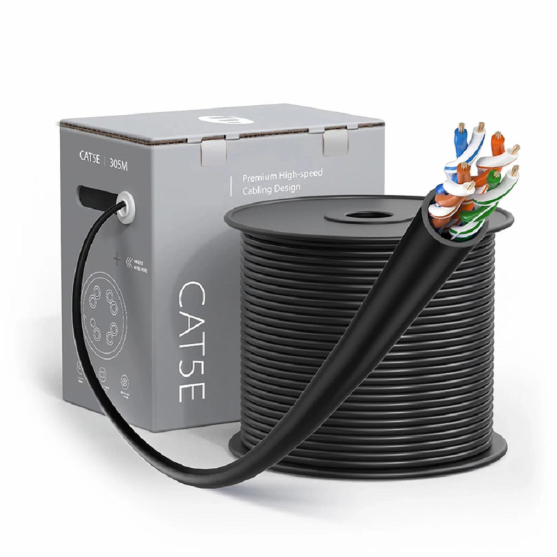 FyberOptix Cat5e Ethernet Bulk Cable, 1000ft (305m), UL Listed, 26AWG Stranded Pure Bare Copper Wire, 350MHz, Shielded (F/UTP), PVC CM, with Reel (Black)