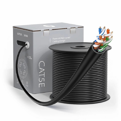 FyberOptix Cat5e Ethernet Bulk Cable, 1000ft (305m), UL Listed, 26AWG Stranded Pure Bare Copper Wire, 350MHz, Shielded (F/UTP), PVC CM, with Reel (Black)