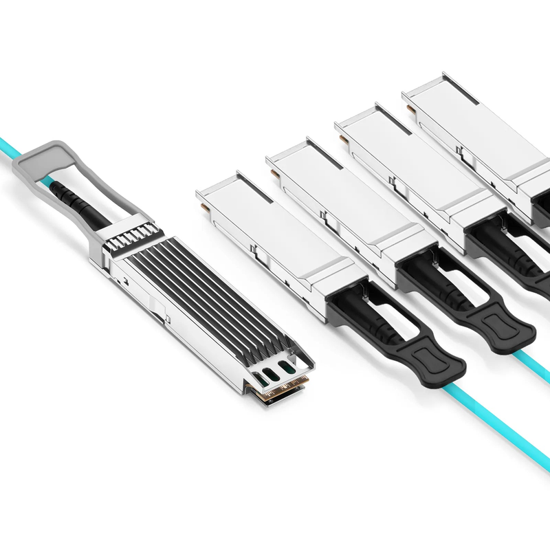 FyberOptix 10m (33ft) 400G OSFP 8 x 50G PAM4 Finned Top to 4 x 100G QSFP28 4 x 25G NRZ Active Optical Breakout Cable for FS Switches