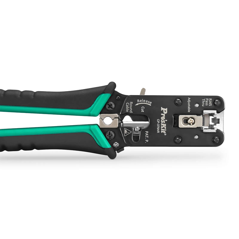 FyberOptix Cat5/6/7 RJ45 Pass-Through Professional Modular Crimper with Built-in Wire Cutter and Stripper
