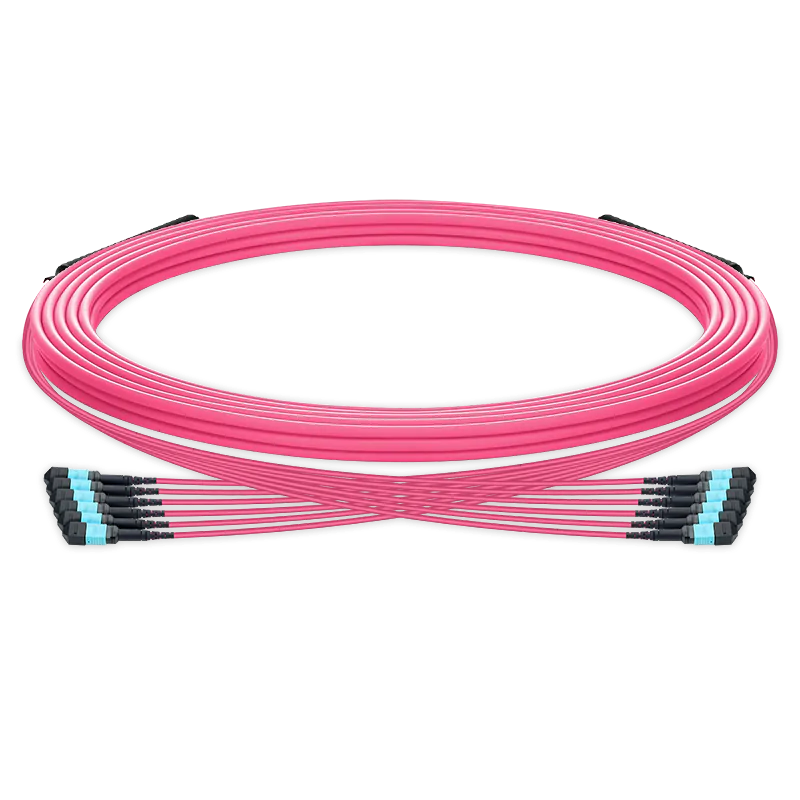 40m (131ft) Pre-terminated MPO trunk cable, 72 Fibers, 6 x MPO-12 UPC (Male) to 6 x MPO-12 UPC (Male) Multimode (OM4) Type B, LSZHï¼ˆOFNRï¼‰, 0.35dB Max, Magenta, breakout 80cm SFPS