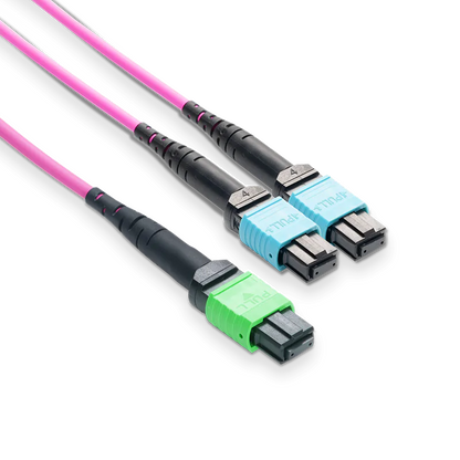 7m (23ft) MPO-16 APC (Female) to 2xMPO-8 UPC (Female) Multimode (OM4) Breakout, Type B, LSZH, 3.0mm, Max IL ÃƒÂ¢Ã¢â‚¬Â°Ã‚Â¤ 0.35dB, Magenta SFPS
